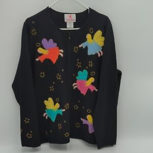 Vintage Quacker Factory 100% Wool Embroidered Angel Zip Jacket Cardigan Black 1X